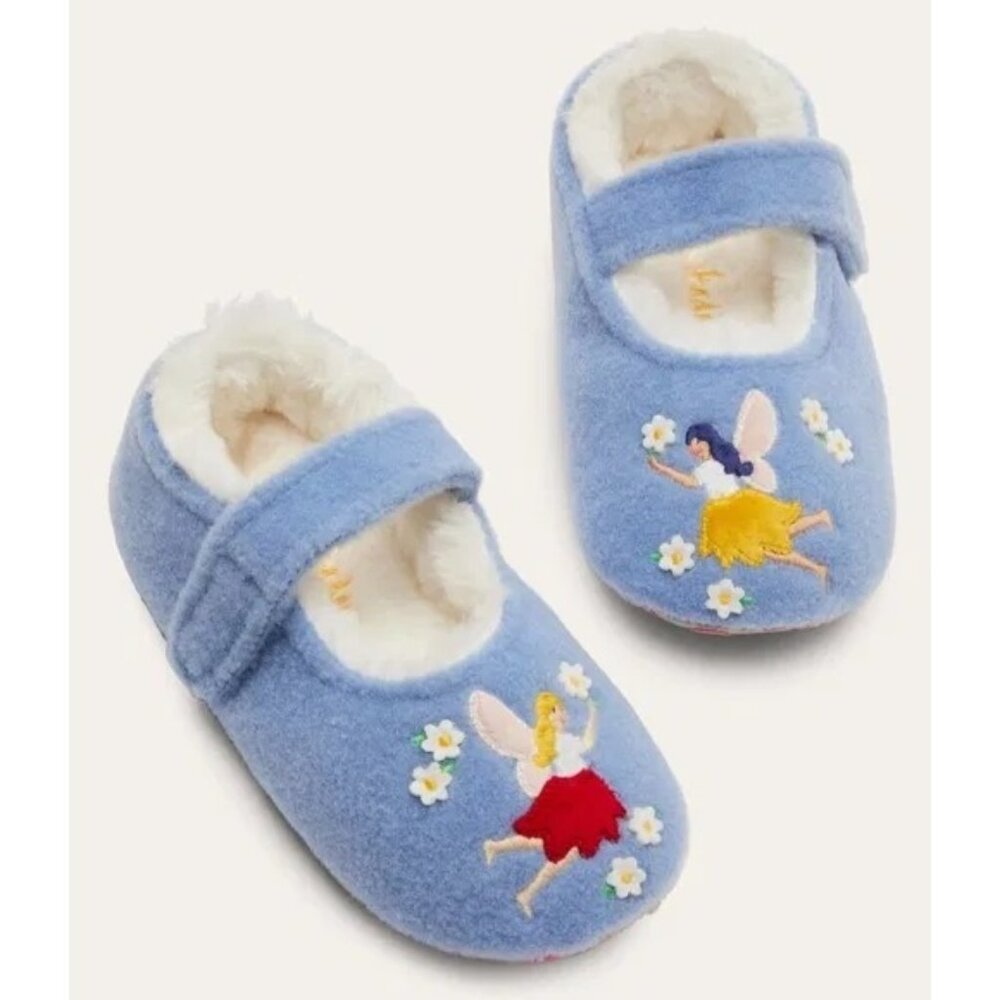 Mini Boden Girls Size 5 Blue Felt Fairy Design Faux Fur Lined Mary Jane Slippers